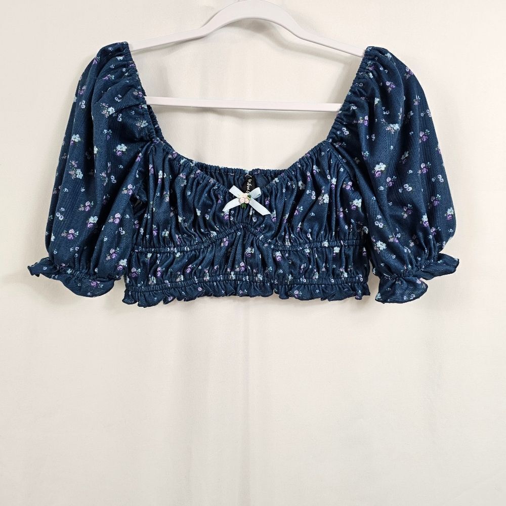 NWOT For Love & Lemons Lola Pointelle Crop Top in Blue Floral - Size M